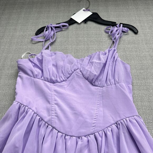 Lilac Babydoll Mini Dress 6 Fairycore‎ Y2K Sweetheart Tie Straps Flowy Purple - Picture 2 of 8